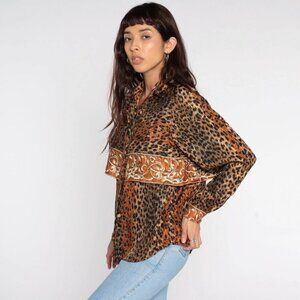 VTG 80s Casual Corner Leopard Print Brown Animal Print Blouse Long Sleeve